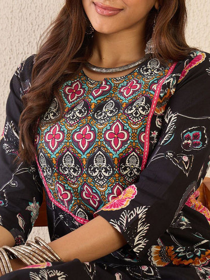 Floral Printed Notch Neck Pure Cotton Straight Kurta With Trousers