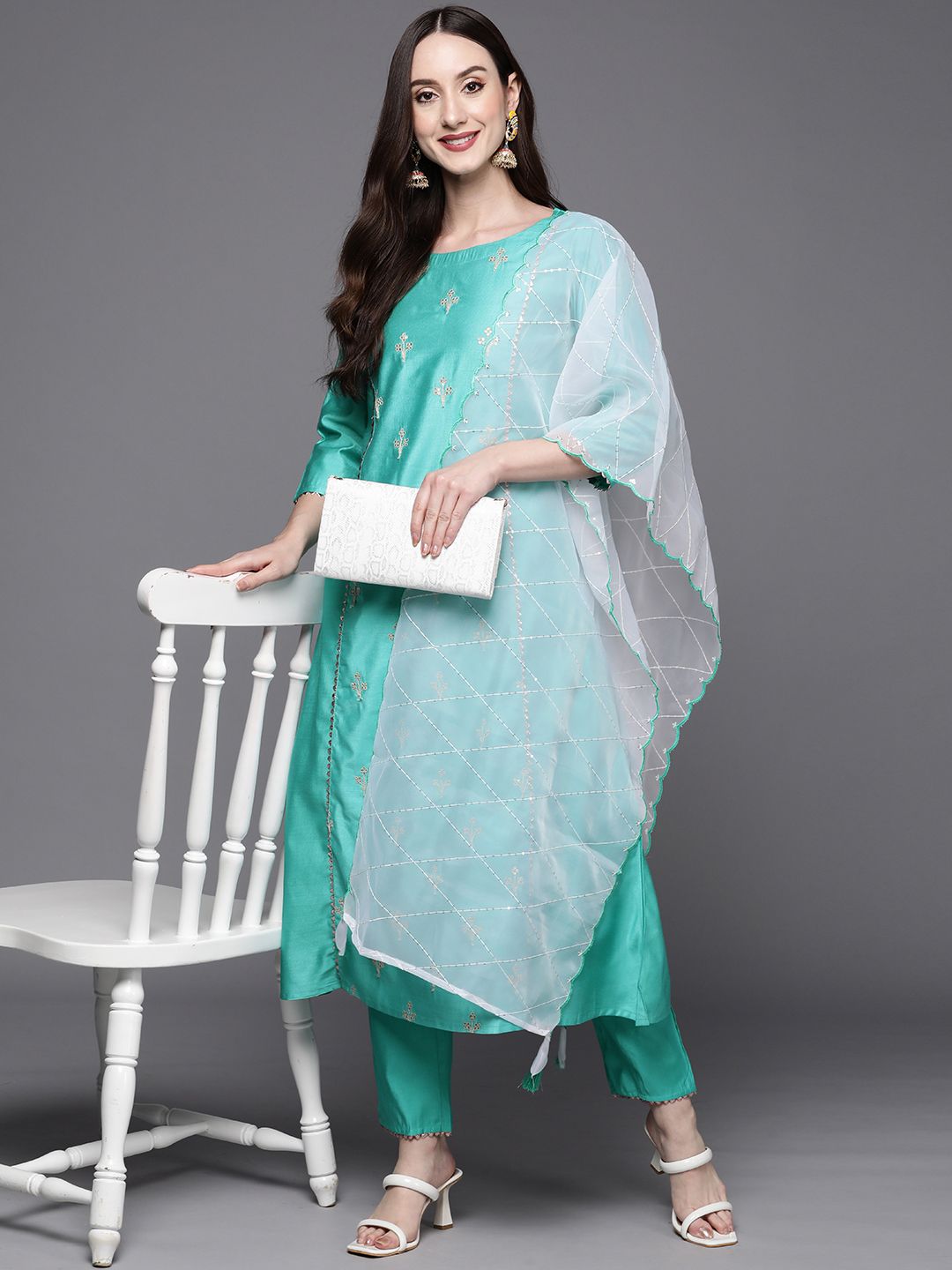 Women Sea Green Floral Embroidered Sequinned Liva Kurta with Trousers & Dupatta