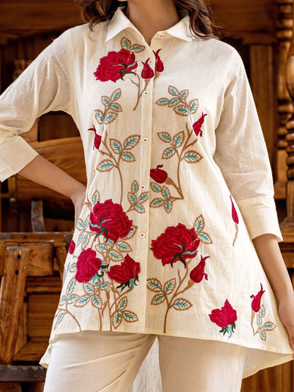 Dhiyona IE Floral Embroidered Thread Work Pure Cotton Shirt with Trousers