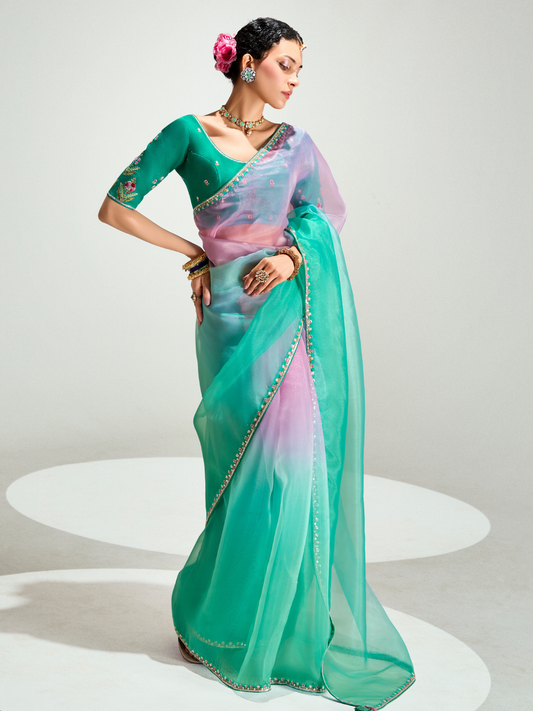 Dhiyona KM Women Teal Shade Organza Saree