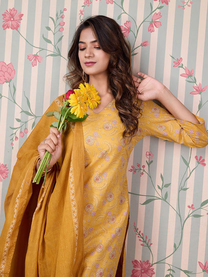 Dhiyona OD  Floral Printed Regular Pure Cotton Kurta with Trousers & Dupatta