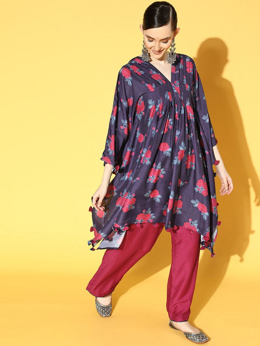 Dhiyona VA Women's Navy Blue Floral Printed Pleated Kurta with Palazzos