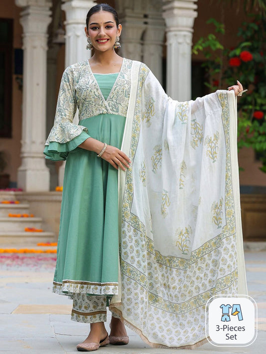 Dhiyona RR Women's Floral Printed Bell Sleeves Pure Cotton Kurta With Trousers & Dupatta