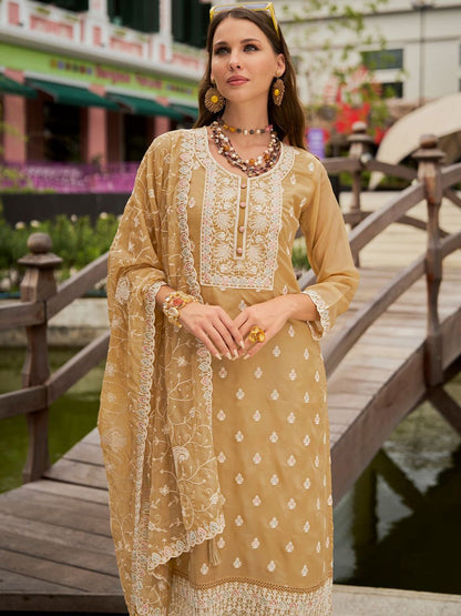 Dhiyona IE Floral Embroidered Round Neck Thread Work Organza Kurta With Trousers & Dupatta
