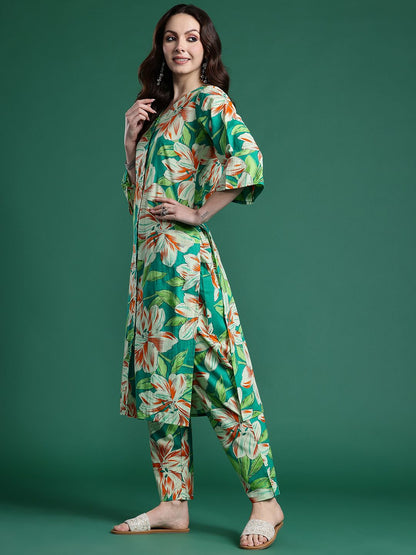 Dhiyona IE Women Floral Printed Regular Pure Cotton Kurta with Trousers