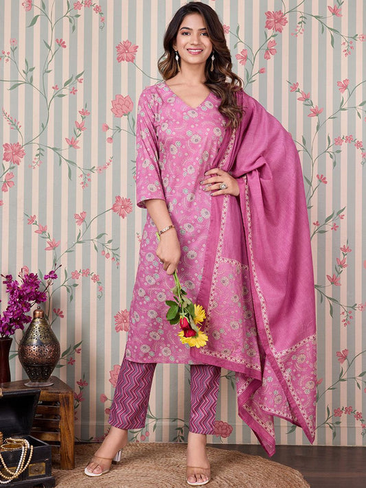 Dhiyona OD  Floral Printed Regular Pure Cotton Kurta with Trousers & Dupatta
