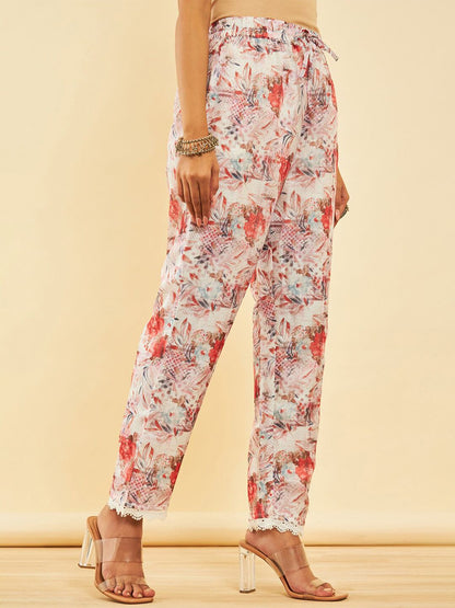Dhiyona SO Women's Floral Printed Mandarin Collar Three-Quarter Sleeves Kurta with Trousers