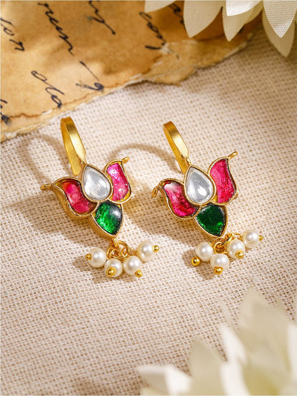 Dhiyona RJ Women's 22K Gold-Plated Ruby, Emerald & Kundan Lotus Motif Minimal Ear Cuff with Pearl Drop