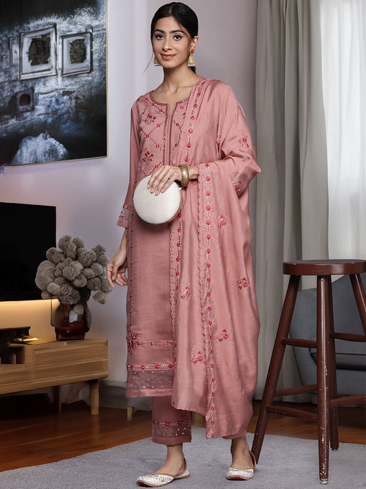 Dhiyona VA Women's Floral Embroidered Mirror Work Kurta With Trousers & Dupatta