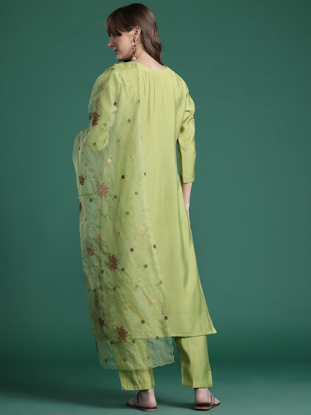 Floral Embroidered Thread Work Kurta with Trousers & With Dupatta
