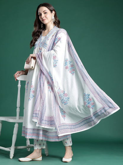 Dhiyona IE Floral Printed Pure Cotton Kurta with Trousers & Dupatta