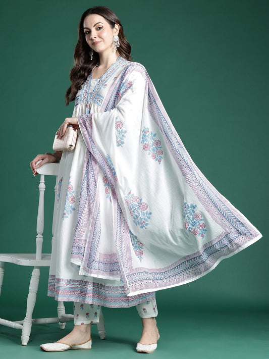Dhiyona IE Floral Printed Pure Cotton Kurta with Trousers & Dupatta