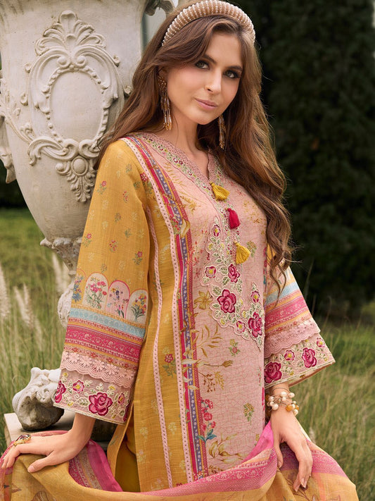 Dhiyona IE Women Embroidered Thread Work Linen Kurta with Trousers & With Dupatta