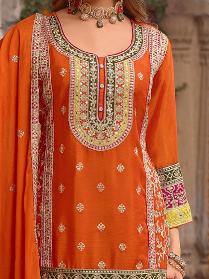Dhiyona IE Floral Embroidered Sequinned Chinon Straight Kurta With Sharara & Dupatta