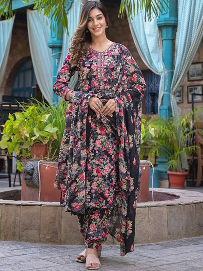 Dhiyona VA Women'sFloral Embellished Kurta Paired With Afghani Trouser & Dupatta
