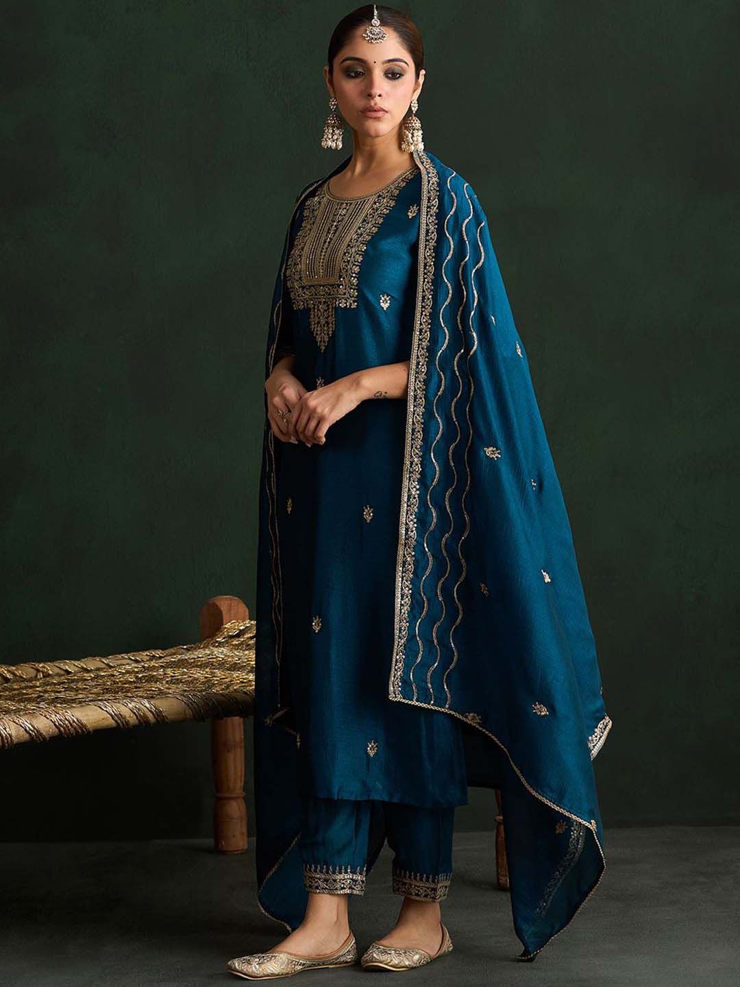 Dhiyona IE Ethnic Motifs Embroidered Straight Kurta with Trousers & With Dupatta