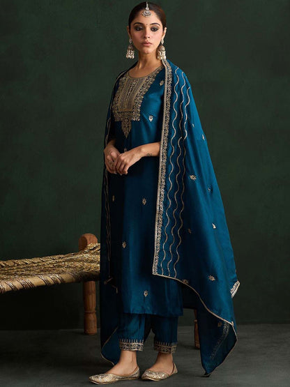 Dhiyona IE Ethnic Motifs Embroidered Straight Kurta with Trousers & With Dupatta