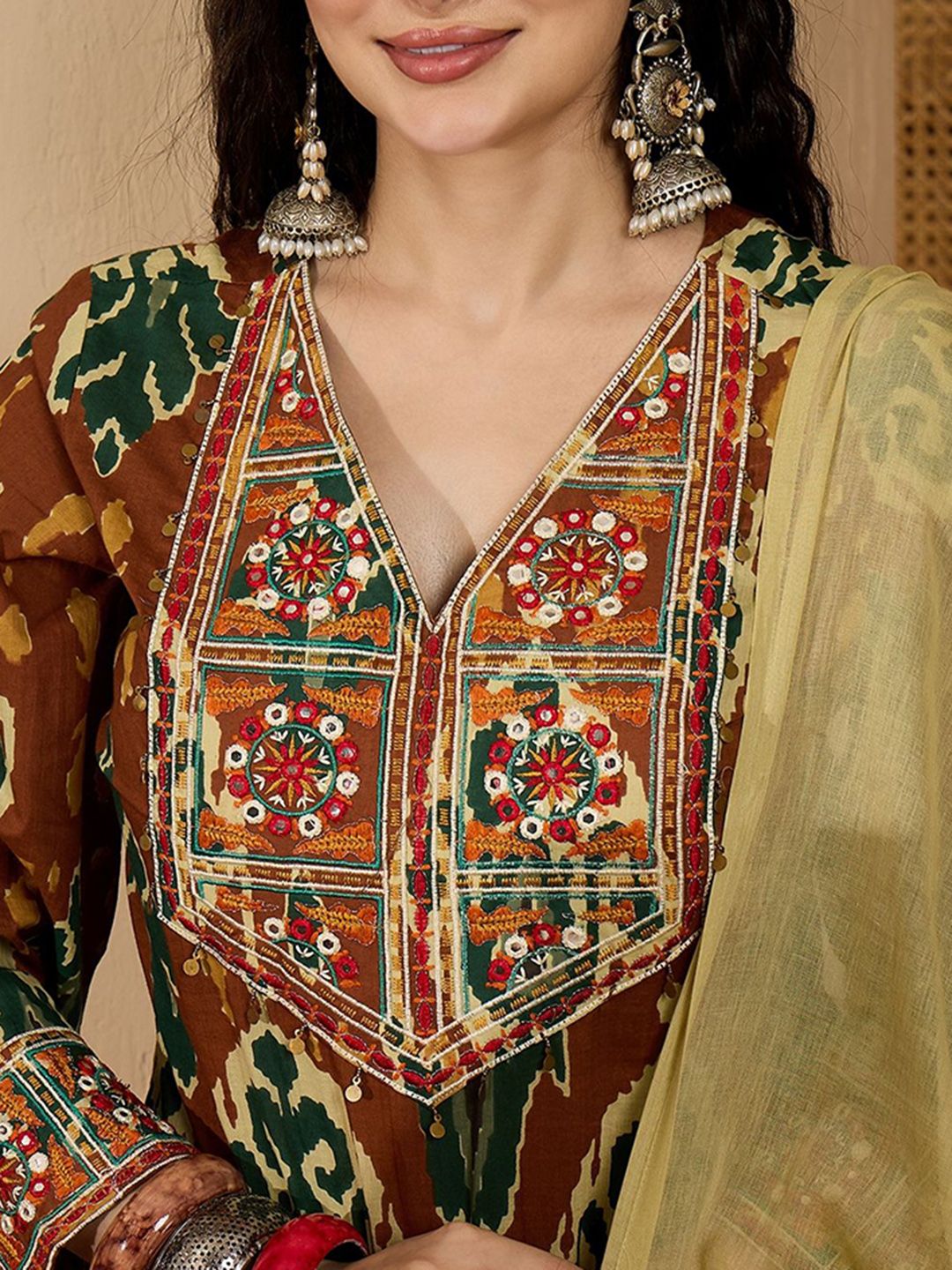 Dhiyona SN Women's Ikat Printed Embroidered Straight Kurta Palazzo & Dupatta Set