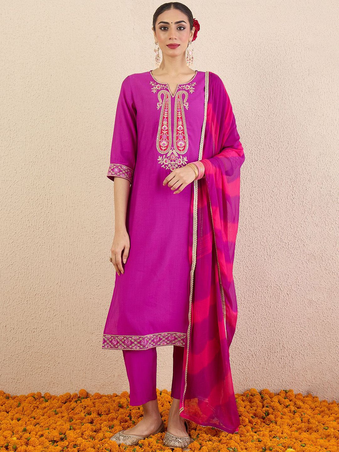 Women Solid Embroidered Kurta with Pyjama & Dupatta