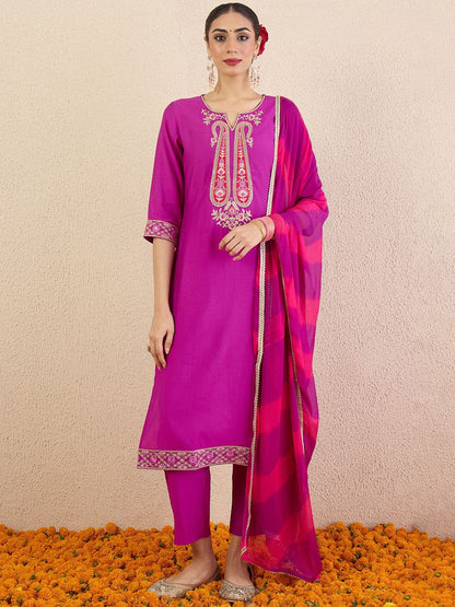 Women Solid Embroidered Kurta with Pyjama & Dupatta