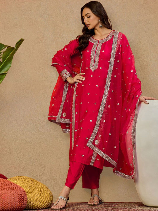 Dhiyona PD Women Embroidered Straight Kurta & Trousers With Dupatta