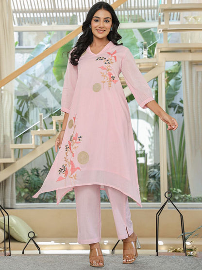 Women Floral Embroidered Regular Thread Work Pure Cotton Kurta with Trousers