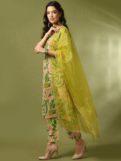 Dhiyona SN Women's Floral Printed Cotton Straight Kurta With Trousers & Duppatta