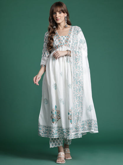 Floral Printed Empire Pure Cotton Kurta with Trousers & Dupatta