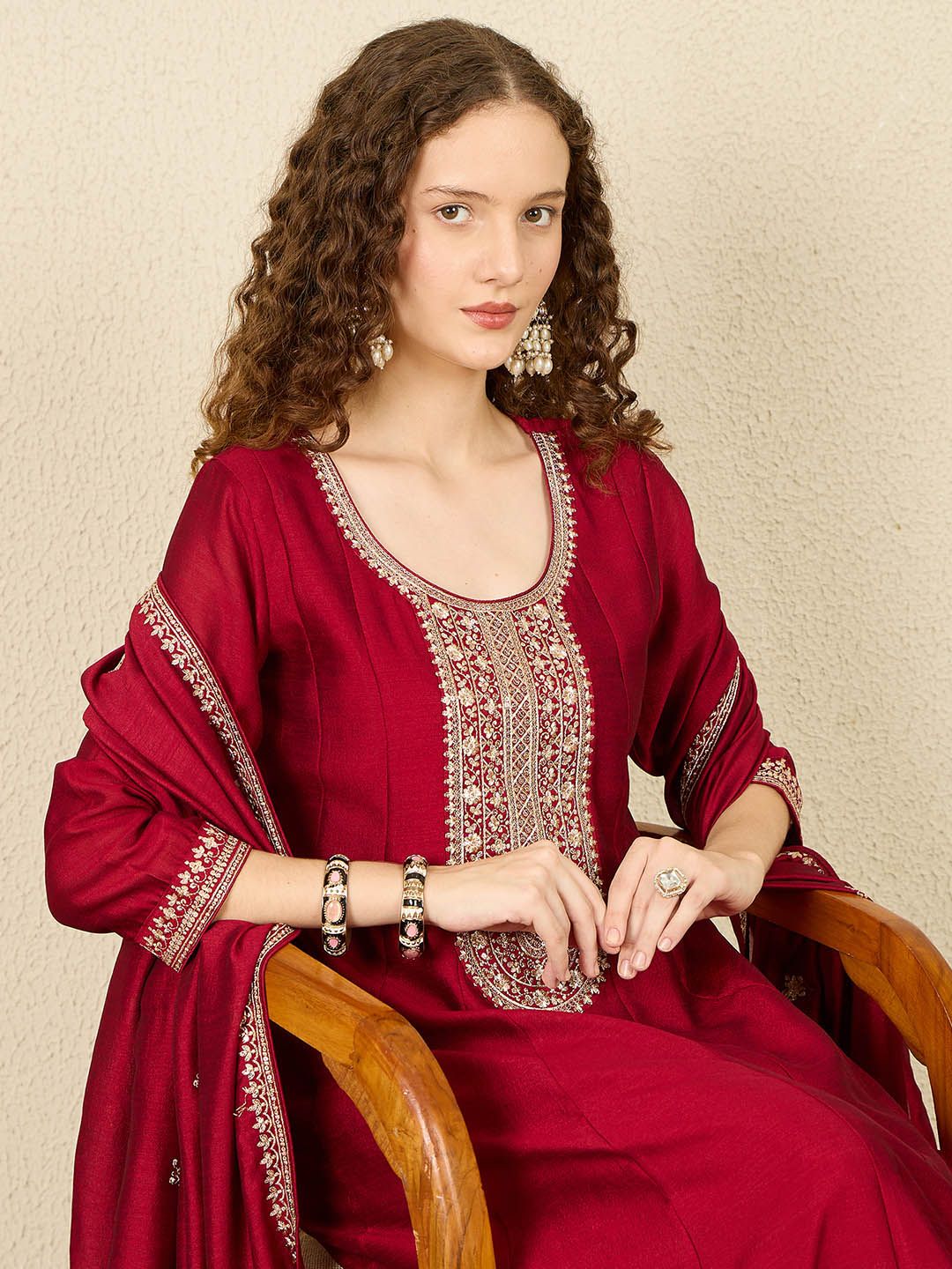 Ethnic Motifs Embroidered Sequinned Anarkali Kurta with Trousers & Dupatta