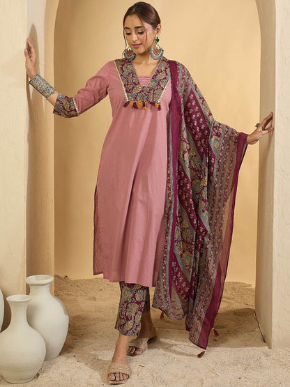 Dhiyona IE Floral Yoke Design V-Neck Pure Cotton Straight Kurta With Trousers & Dupatta