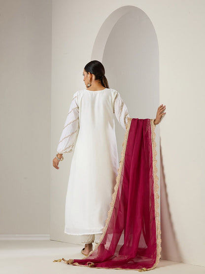 Dhiyona IS Women's Off White Ethnic Motifs Embroidered Straight Kurta With Trousers & Dupatta