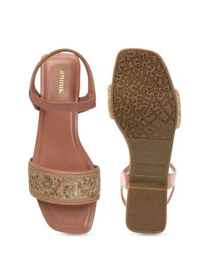 Dhiyona AK Pink & Gold-Toned Embroidered Open Toe Flats