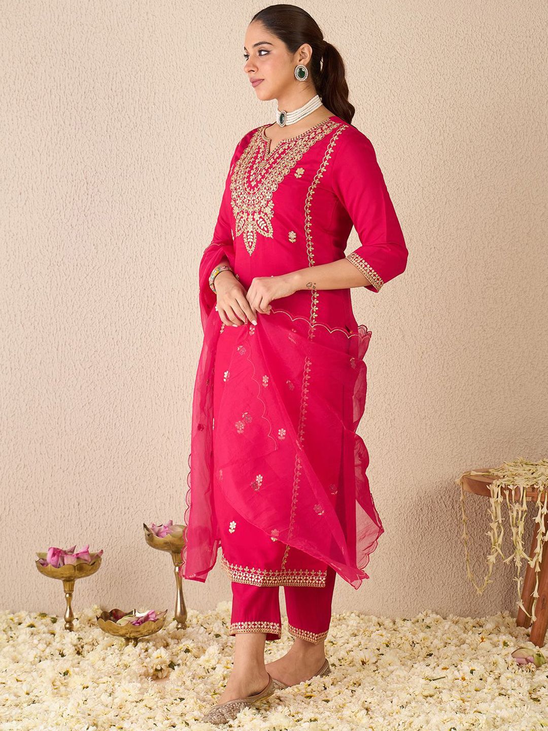 Embroidered Gotta Patti Work Notch Neck Kurta With Trousers & Dupatta