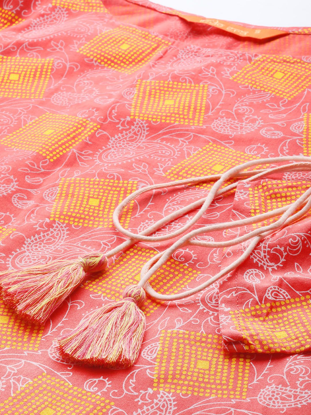 Women Coral Red Ethnic Motifs Printed Kurta with Trousers & With Dupatta