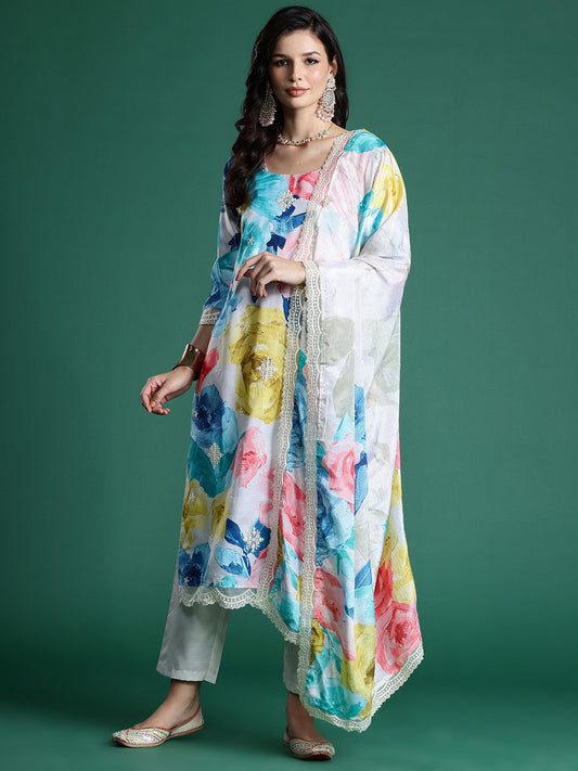 Dhiyona IE Floral Embroidered Empire Thread Work Kurta With Trousers & Dupatta