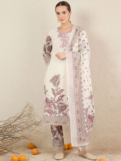 Women Floral Printed Cotton Kurta with Trousers & Dupatta