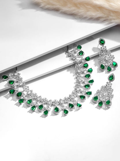 Dhiyona RJ Women's Rhodium Plated Emerald Green & White Cubic Zirconia Studded Statement Jewellery Set