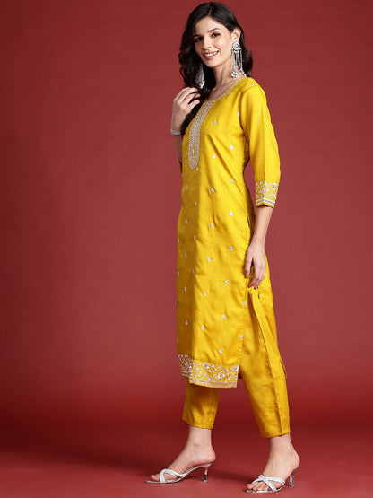 Dhiyona IE Floral Embroidered Sequinned Kurta With Trousers & Dupatta