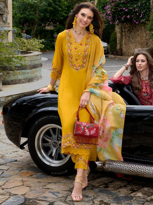 Dhiyona IE Floral Embroidered A-Line Kurta With Trousers & Dupatta