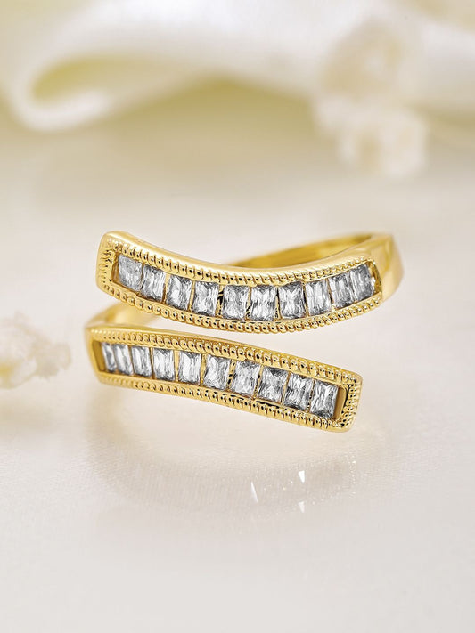 Dhiyona RJ Women's 18K Gold Plated Baguette-Cut Cubic Zirconia Studded Adjustable Finger Ring