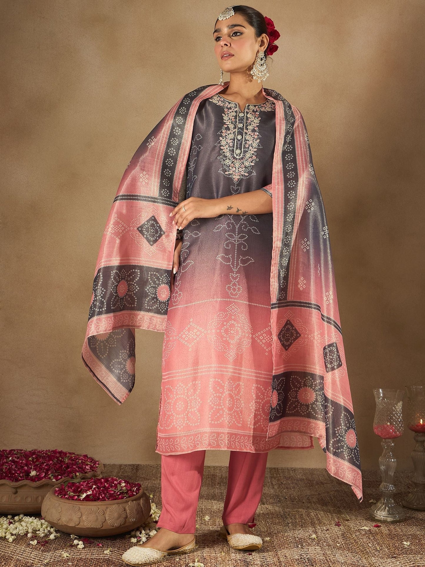 Dhiyona IE Floral Embroidered Embellished Notch Neck Straight Kurta with Trouser And Dupatta