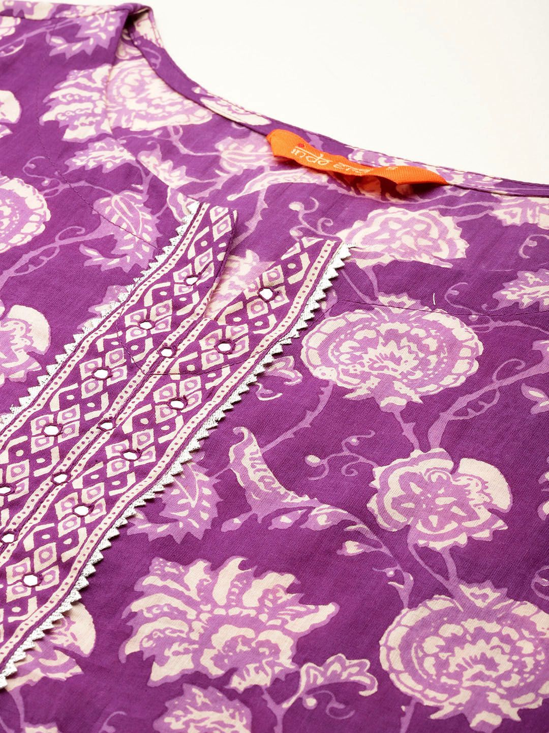 Floral Printed Mirror Work Pure Cotton Kurta With Trousers & Dupatta