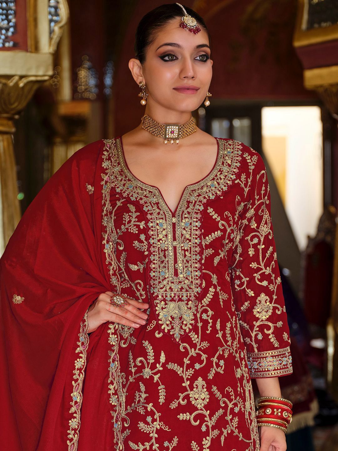Ethnic Motifs Embroidered Sequinned Kurta with Palazzos & Dupatta