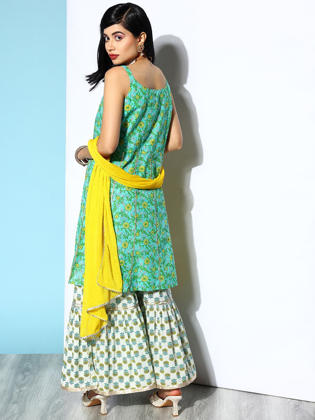 Dhiyona VA Women's Green Ethnic Motifs Printed Pure Cotton Kurta with Sharara & Dupatta