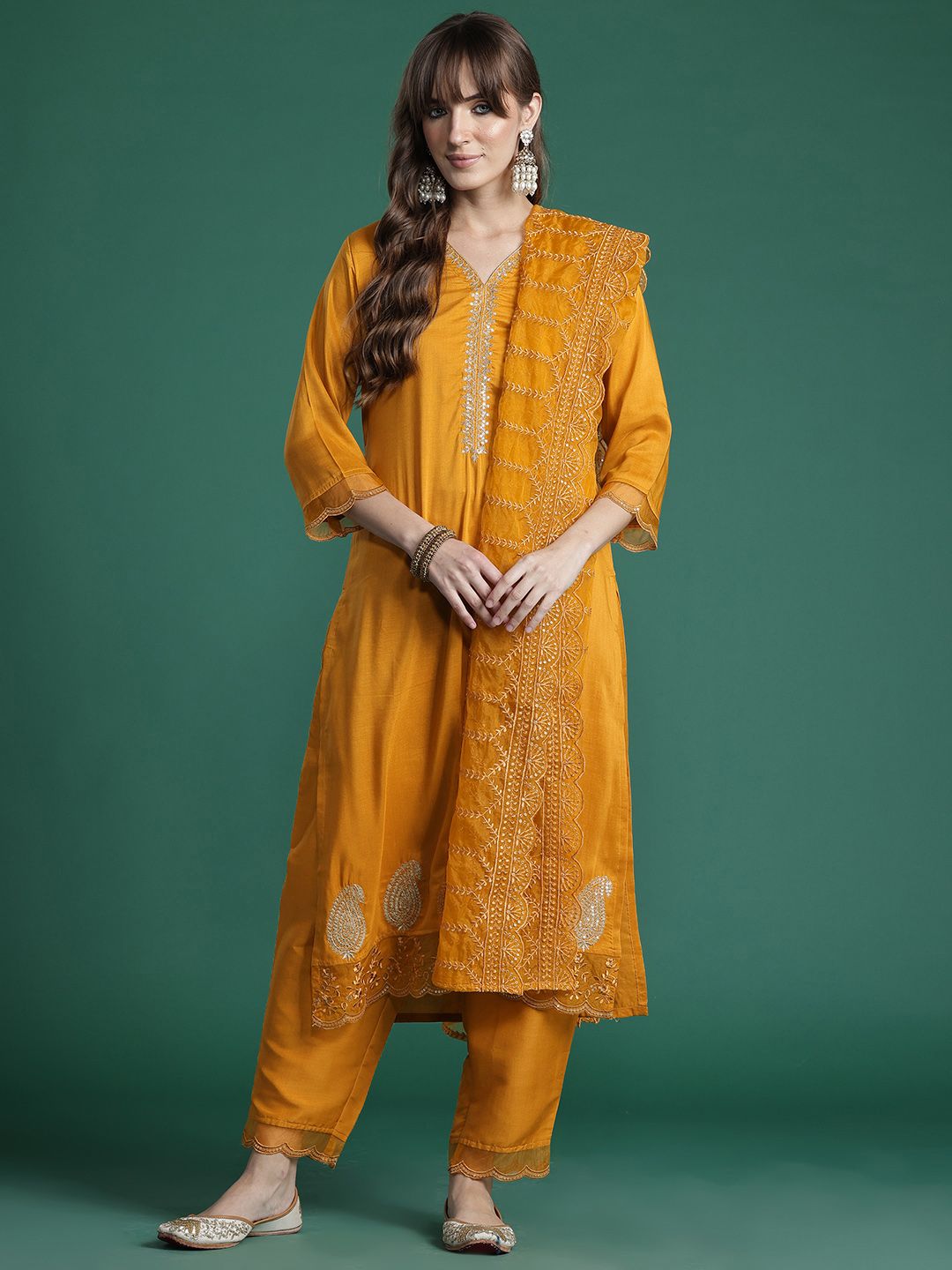 Paisley Embroidered Sequinned Kurta with Trousers & With Dupatta