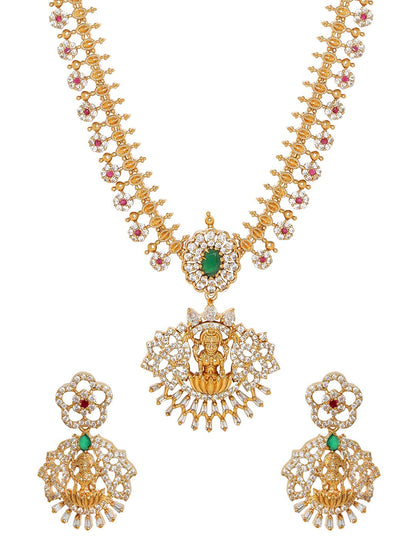 Dhiyona RJ Women's 22K Gold-Plated Emerald & CubicZirconia Temple Necklace Set with Divine Laxmi Motif