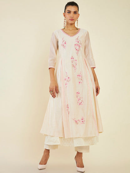 Dhiyona SO Women's Floral Embroidered A-Line Layered Pure Cotton Kurta with Trousers & Dupatta