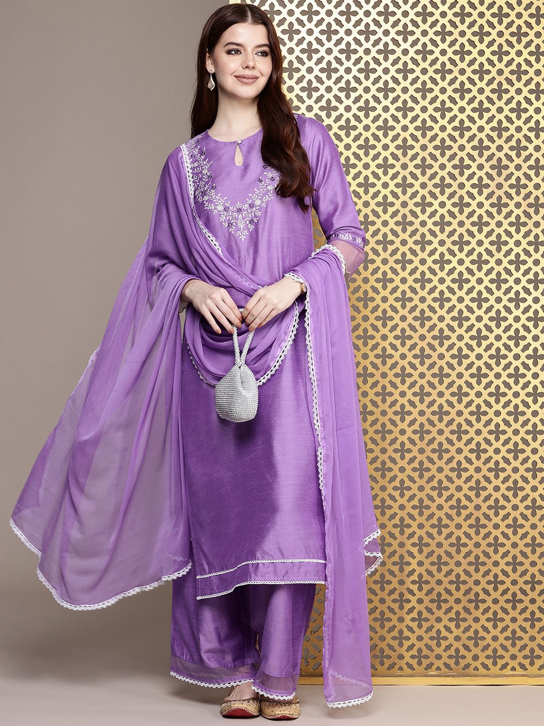 Dhiyona PD Women Floral Yoke Design Thread Work Jashn Kurta & Palazzos With Dupatta