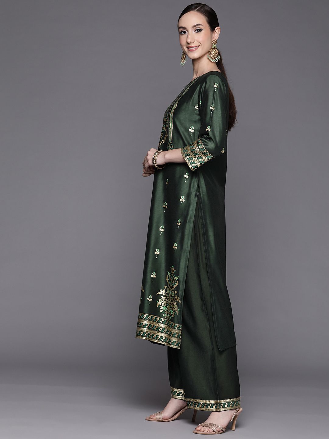 Women Green Ethnic Motifs Printed Liva Kurta with Palazzos & With Dupatta