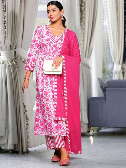 Dhiyona VA Women'sPink Floral Printed Thread Work Pure Cotton Kurta With Palazzos & Dupatta